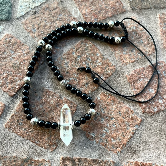 Made to order . Genuine clear crystal quartz & black agate gemstone beads - Picture 8 of 15